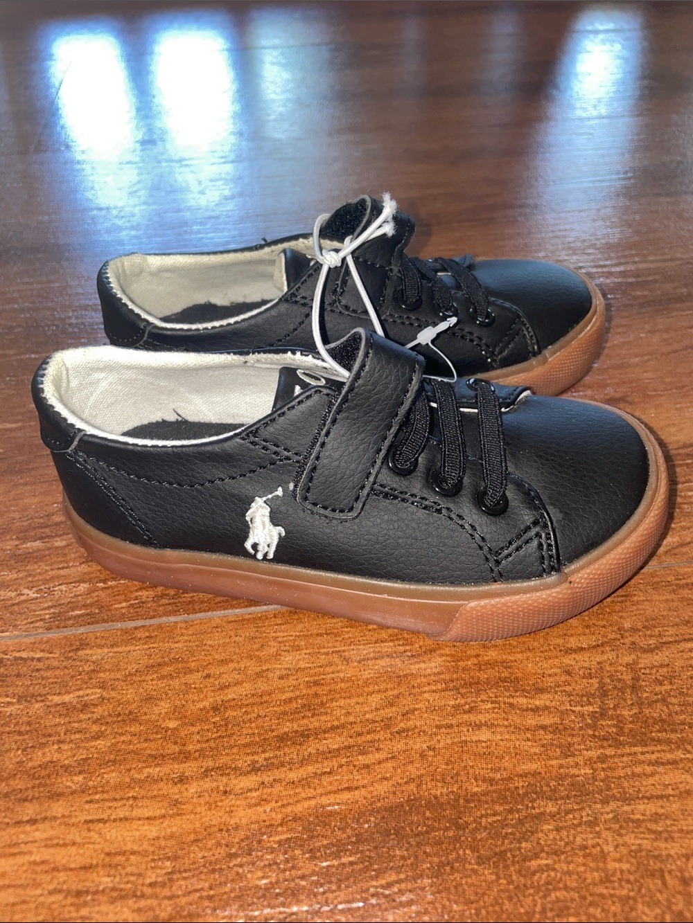 Polo by Ralph Lauren Black Leather Kids Sneakers with Brown Gum Sole
